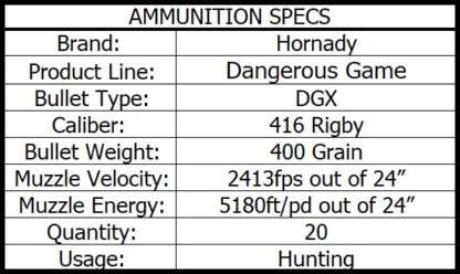 HORNADY DANGEROUS GAME 416 RIGBY 400gr DGX 2415fps 20pk - Image 3