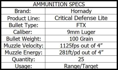 HORNADY CRITICAL DEFENSE LITE 9mm LUGER 100gr 1125fps 25pk - Image 4