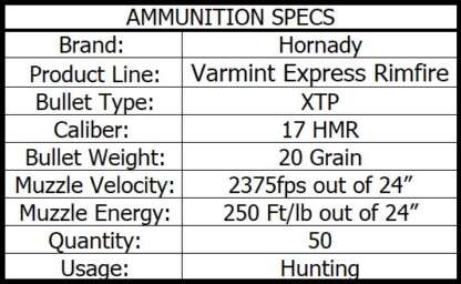 HORNADY 17 HMR 20gr XTP 2375fps 50pk - Image 4