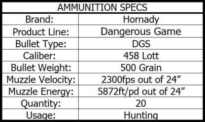 HORNADY DANGEROUS GAME 458 LOTT 500gr DGX 2300fps 20pk - Image 3