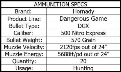 HORNADY DANGEROUS GAME 500 NITRO EX 570gr DGX 2100fps 20pk - Image 4