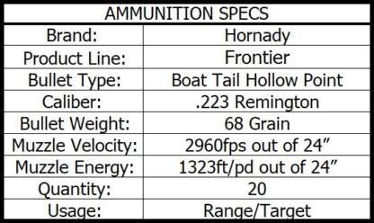 HORNADY FRONTIER 223 REM 68gr BTHP MATCH 2960fps 20pk - Image 4