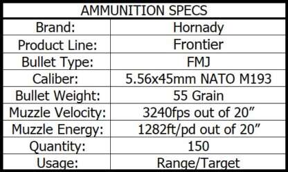 HORNADY FRONTIER 5.56 NATO M193 55gr FMJ 3240fps 150pk - Image 4