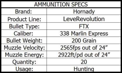 HORNADY LVREV 338 MARLIN EXP 200gr FTX 2565fps 20pk - Image 4