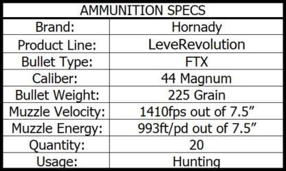 HORNADY LVREV 44 REM MAG 225gr FTX 1410fps 20pk - Image 4