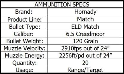 HORNADY MATCH 6.5 CREEDMOOR 120gr ELD MATCH 2910fps 20pk - Image 4