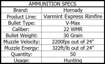 HORNADY VARMINT EXPRESS 22 WMR 30gr V-MAX 2200fps 50pk - Image 4