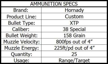 HORNADY CUSTOM 38 SPCL 158gr XTP 800fps 25pk - Image 4