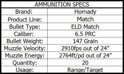 HORNADY MATCH 6.5 PRC 147gr ELD MATCH 2910fps 20pk - Image 4