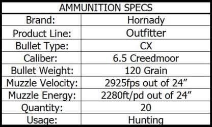 HORNADY OUTFITTER 6.5 CREEDMOOR 120gr CX 2925fps 20pk - Image 4