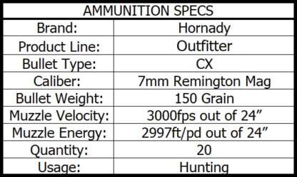 HORNADY OUTFITTER 7MM REM MAG 150gr CX 3000fps 20pk - Image 4