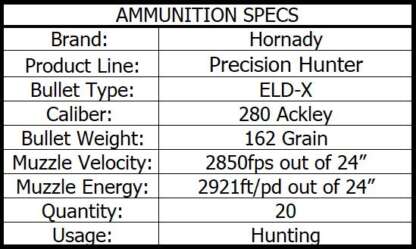 HORNADY PRECISION HUNTER 280 ACKLEY 162gr ELD-X 2850fps 20pk - Image 4