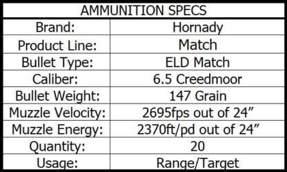 HORNADY 6.5 CREEDMOOR 147gr ELD MATCH 2695fps 20pk - Image 4