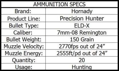 HORNADY PRECISION HUNTER 7mm-08 150gr ELD-X 2770fps 20pk - Image 4