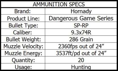 HORNADY DANGEROUS GAME 9.3x74R 286gr SP-RP 2360fps 20pk - Image 4