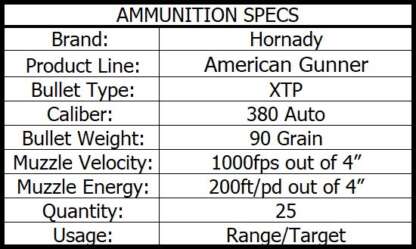 HORNADY AG 380 AUTO 90gr XTP 1000fps 25pk - Image 4