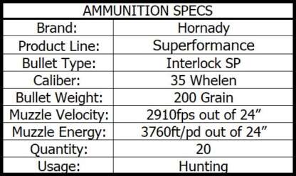 HORNADY SUPERFORMANCE 35 WHELEN 200gr INTERLOCK SP 2910fps 20pk - Image 4