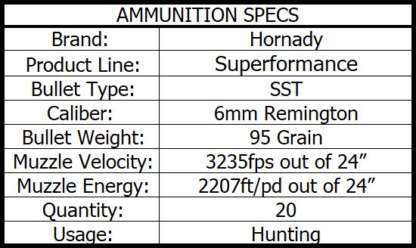 HORNADY SUPERFORMANCE 6mm REM 95gr SST 3225fps 20pk - Image 4