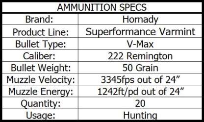 HORNADY SPF VARMINT 222 REM 50gr V-MAX 3345fps 20pk - Image 4