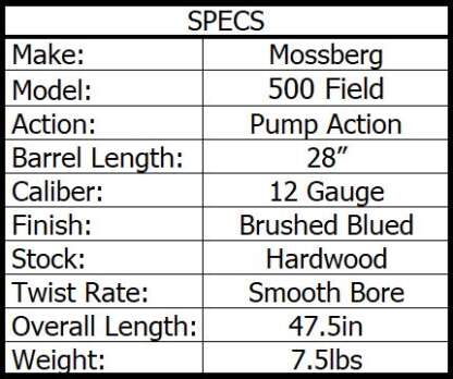 MOSSBERG 500 12ga 3in FIELD PUMP 28in 5rnd - Image 2