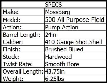 MOSSBERG 500 ALL PURPOSE 410ga 3in FIELD 24in 5rnd - Image 3