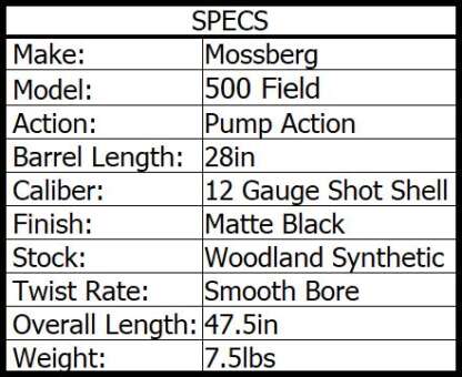 MOSSBERG 500 12ga 2.75 or 3in FIELD PUMP WOODLAND CAMO 28in 5rnd - Image 2