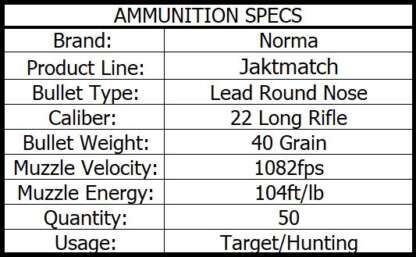 NORMA JAKTMATCH 22LR 40gr LRN 1082fps 50pk - Image 3