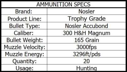 NOSLER TROPHY GRADE 300 H&H MAGNUM 165gr ACCUBOND 20pk 3000fps - Image 3