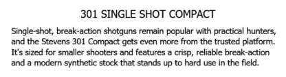 SAVAGE/STEVENS M301 410ga SINGLE SHOT 22in COMPACT - Image 2