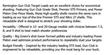 REMINGTON GUN CLUB 20ga #7.5 2.75in 7/8oz TARGET LOAD 1200fps 25pk - Image 3