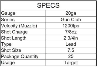 REMINGTON GUN CLUB 20ga #7.5 2.75in 7/8oz TARGET LOAD 1200fps 25pk - Image 4