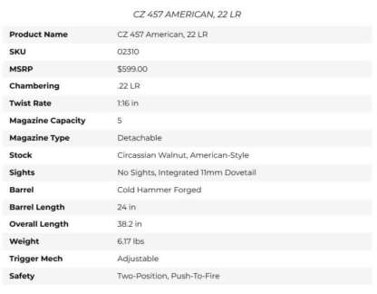 CZ 457 AMERICAN WALNUT 22 LR 1/2x20 24in 5rnd - Image 3