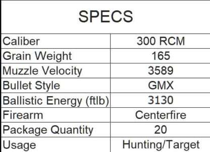 HORNADY 300 RCM 165gr GMX 3589fps 20pk - Image 3