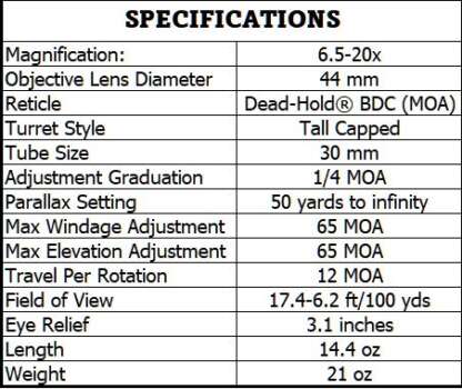 VORTEX VIPER 6.5-20x44mm PA RIFLESCOPE W/DEAD-HOLD BDC RETICLE (MOA) - Image 4