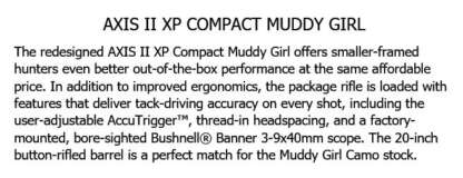 SAVAGE AXIS II XP COMPACT 243 WIN MUDDY GIRL 20in 4rnd DBM BUSHNELL 3-9x40 BANNER - Image 5