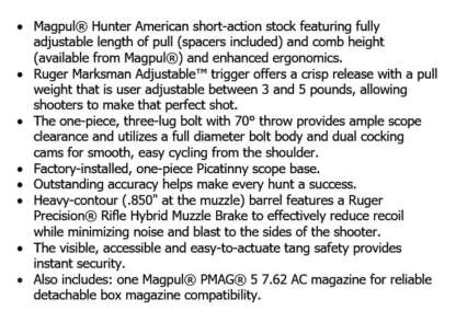 RUGER AMERICAN HUNTER 308 WIN GREY MAGPUL 20in 5rnd - Image 6