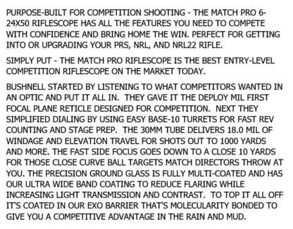 BUSHNELL MATCH PRO 6-24x50mm DEPLOY MIL RETICLE RIFLESCOPE - Image 7