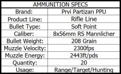 PRVI PARTIZAN PPU 8x56mm RS MANNLICHER 208gr SP 20pk 2300fps - Image 3