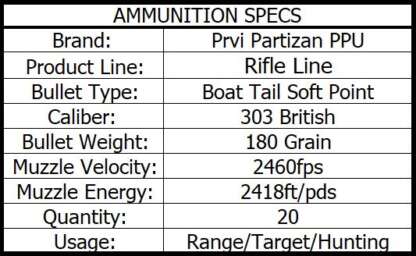 PRVI PARTIZAN PPU 303 BRITISH 180gr BTSP 20pk 2460fps - Image 2