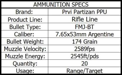 PRVI PARTIZAN PPU 7.65x53mm ARG 174gr FMJ BT 2589fps 20pk - Image 2