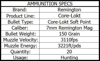 REMINGTON CORE-LOKT 7MM REM MAG 150gr PSP CL 20pk 3110fps - Image 3