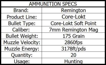 REMINGTON CORE-LOKT 7MM REM MAG 175 PSP CL 20pk 2860fps - Image 3