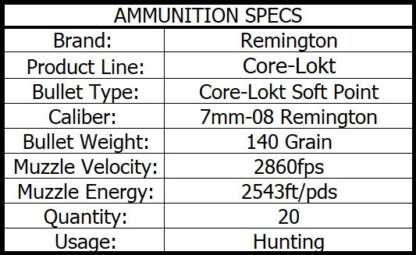 REMINGTON CORE-LOKT 7MM-08 REM 140gr PSP CL 20pk 2860fps - Image 3