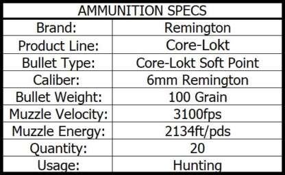 REMINGTON CORE-LOKT 6mm REM 100gr PSP 20pk 3100fps - Image 3