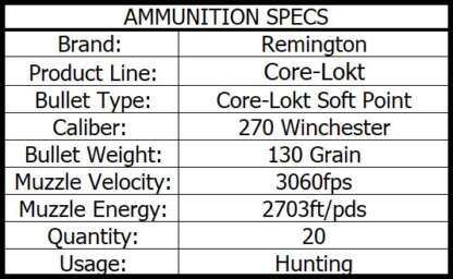 REMINGTON CORE-LOKT 270 WIN 150gr SP 20pk 2850fps - Image 3