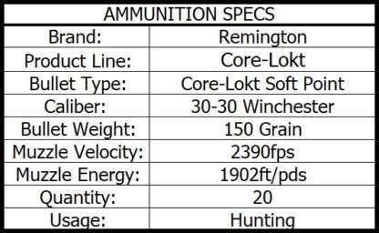 REMINGTON CORE-LOKT 30-30 WIN 150gr SP CL 20pk 2390fps - Image 3