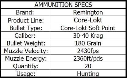 REMINGTON CORE-LOKT 30-40 KRAG 180GR PSP CL 20pk 2430fps - Image 3