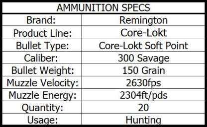 REMINGTON CORE-LOKT 300 SAVAGE 150gr PSP CL 20pk 2630fps - Image 3