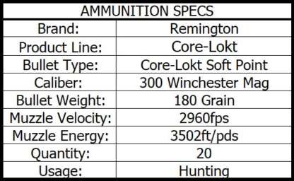 REMINGTON CORE-LOKT 300 WIN MAG 180gr PSP CL 20pk 2960fps - Image 3