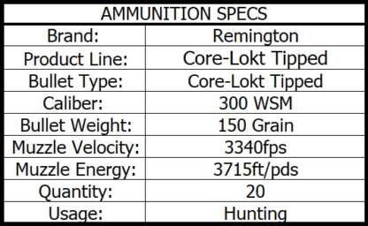 REMINGTON CORE-LOKT TIPPED 300 WSM 150gr 20pk 3340fps - Image 3